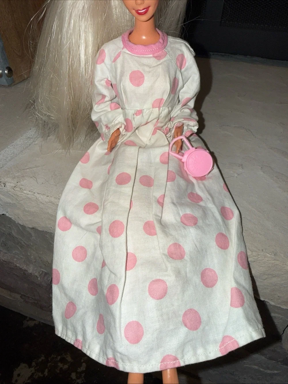 Barbie vintage white long sleeve pink polka dot dress and purse